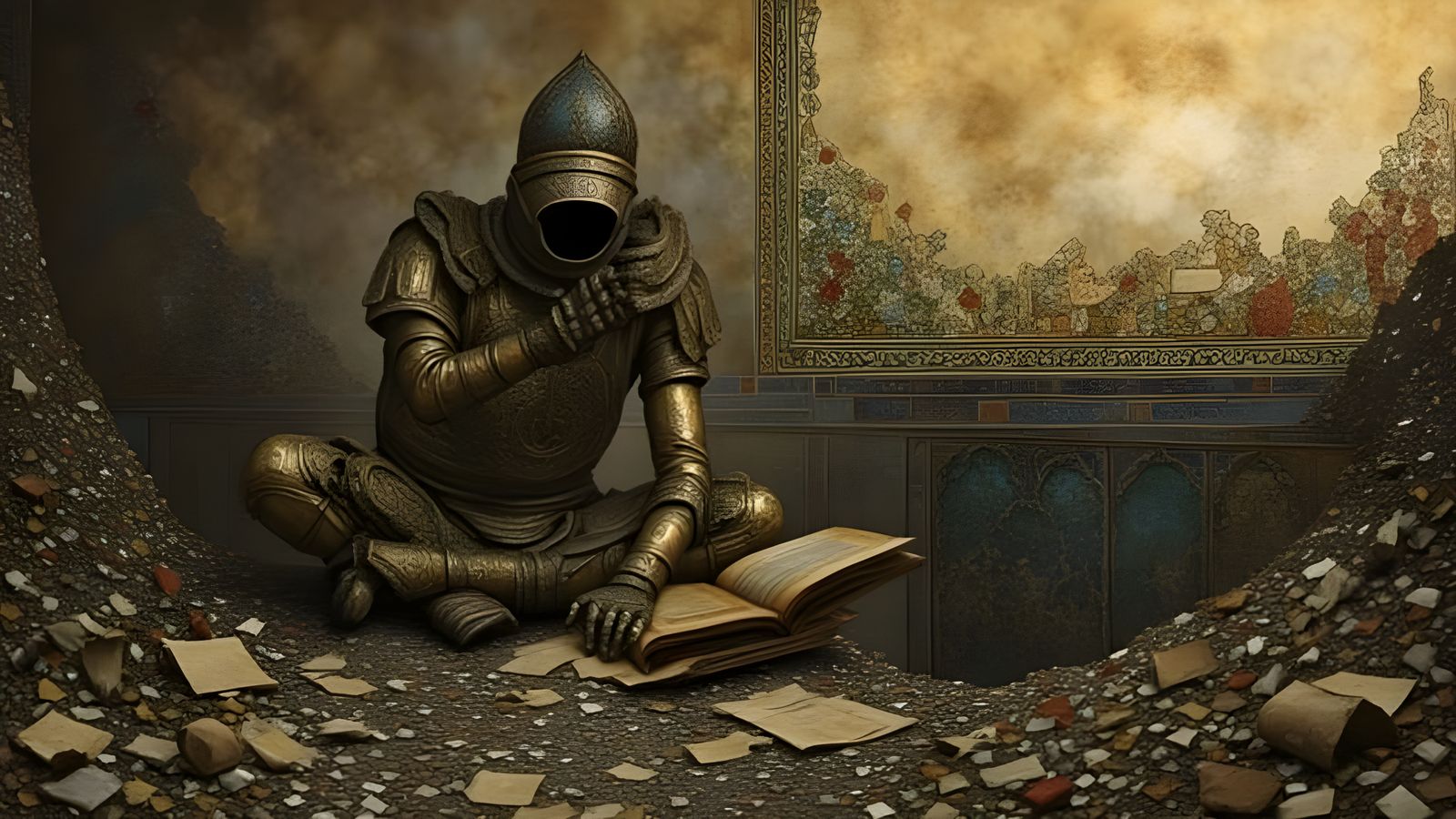 Post-Apocalyptic Mosaic Guardian in Vibrant Oriental Art