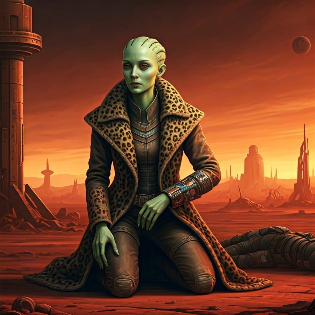 Alien Medic on Barren Planet in Retro Sci-Fi Style