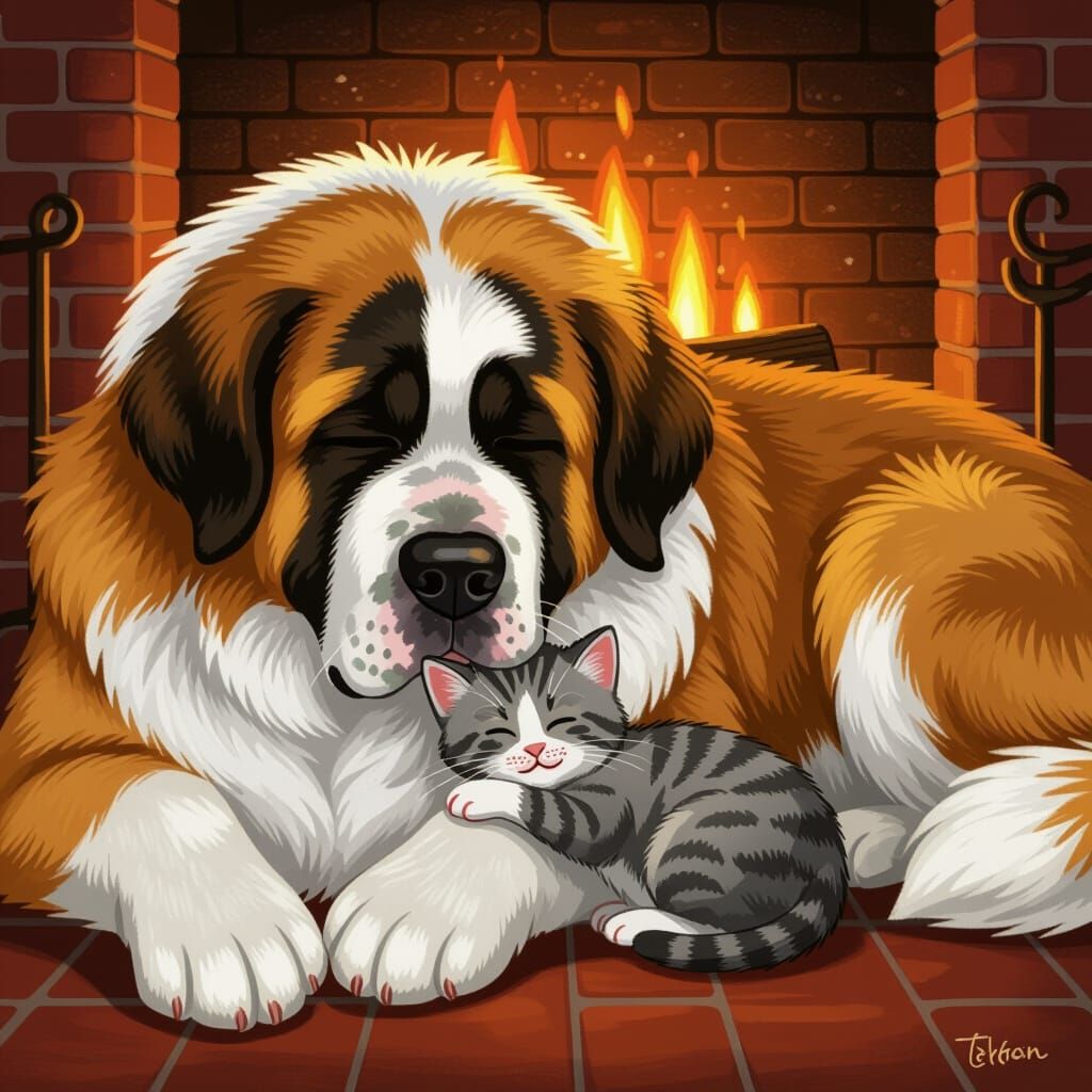 Kitten and St Bernard Cozy by Hearth in Storybook Style