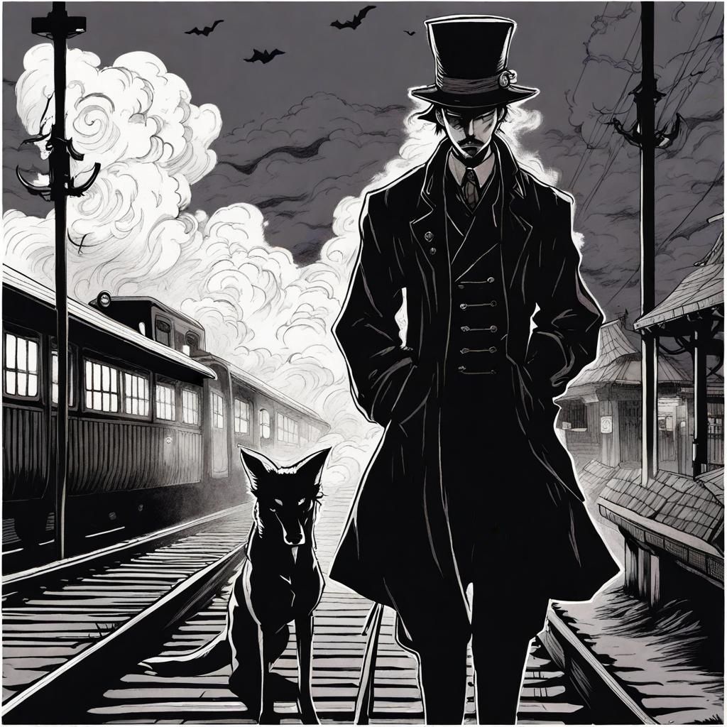 Haunted Railway Station: Ink Drawing in Ukiyo-e Style