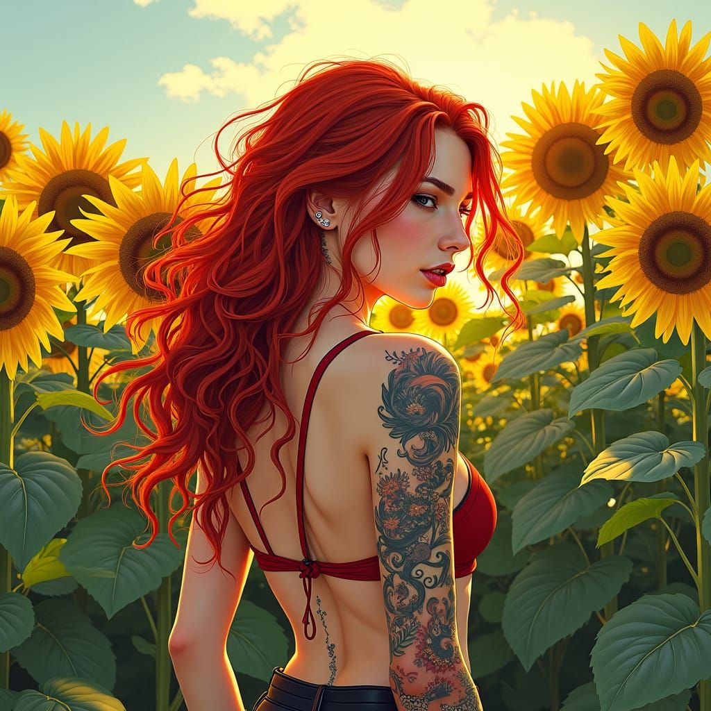 Red-Haired Woman in Sunflower Field, Graphic Art Style