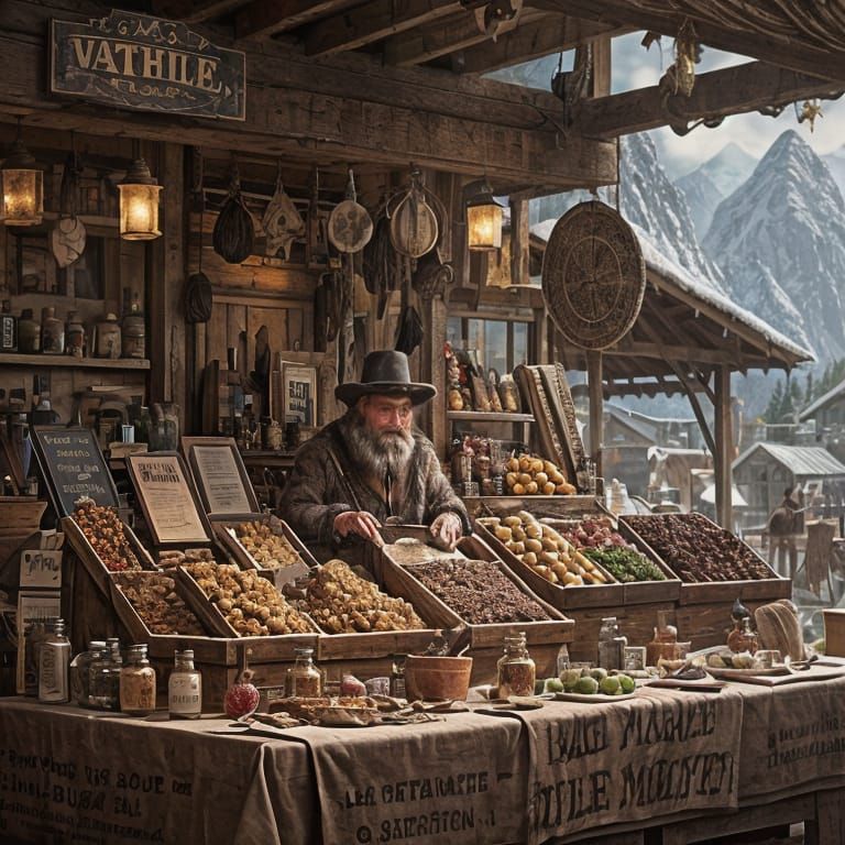Village Market with Furs and Jerky in Detailed Painting