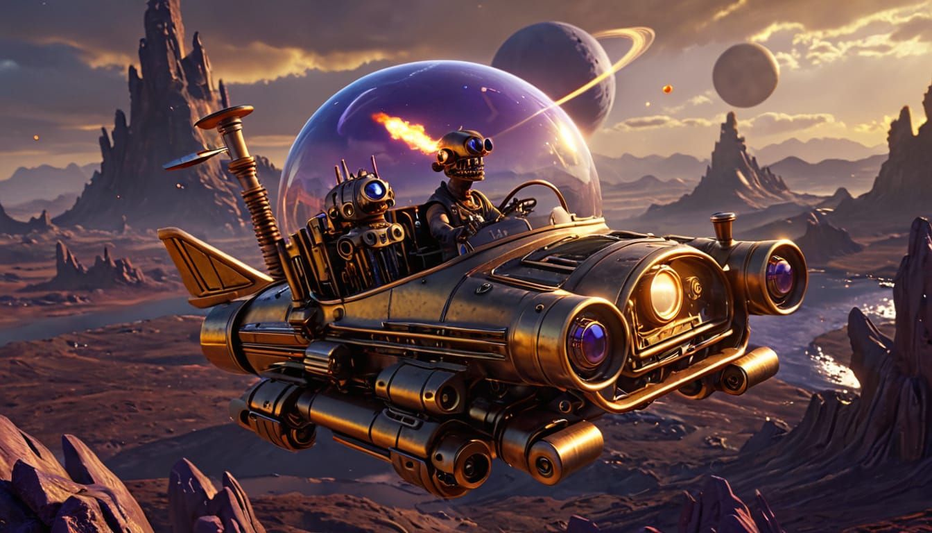 Steampunk Flying Car Over Alien Planet
