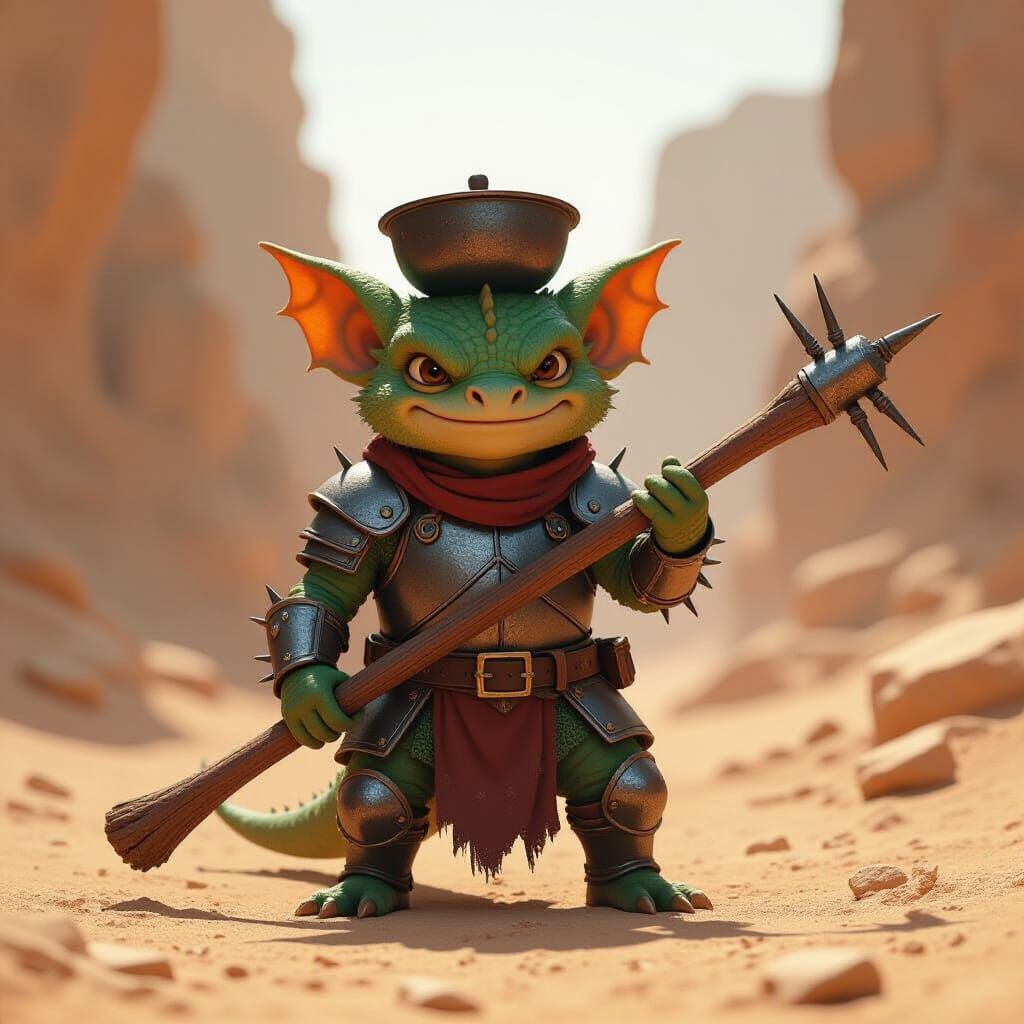 Kobold Paladin in Cast Iron Armor with Table Leg Weapon