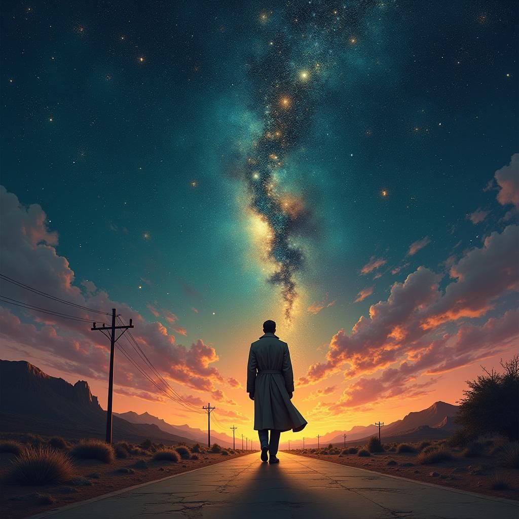 Lonely Man Under Starry Galaxy: Magical Realism Painting