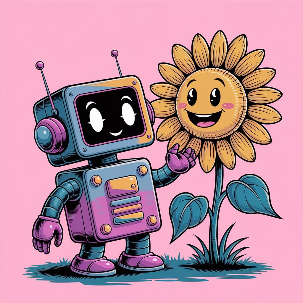 Whimsical Retro Robot Meets Smiling Sunflower