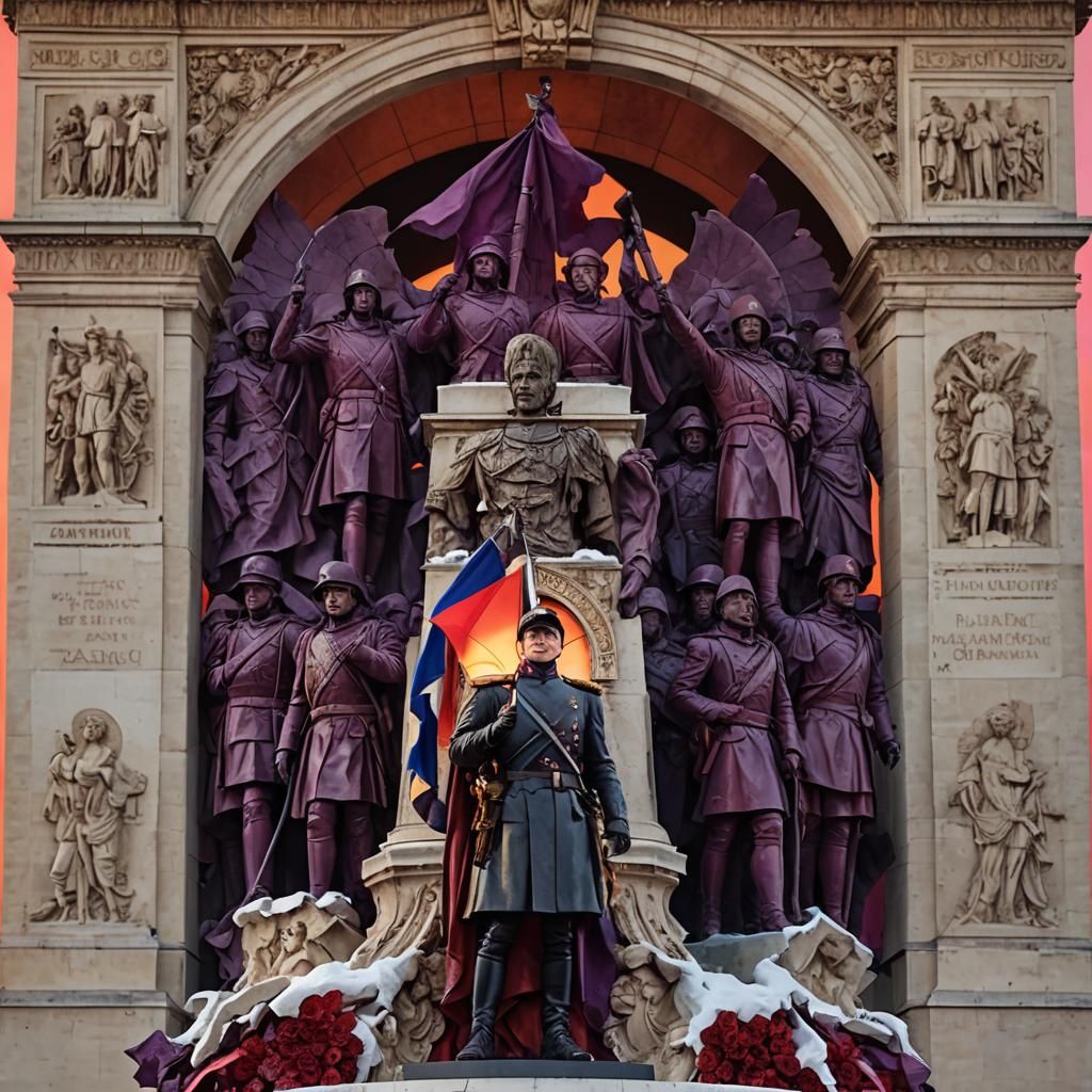 Macron on Arc de Triomphe in Dark Fantasy Style