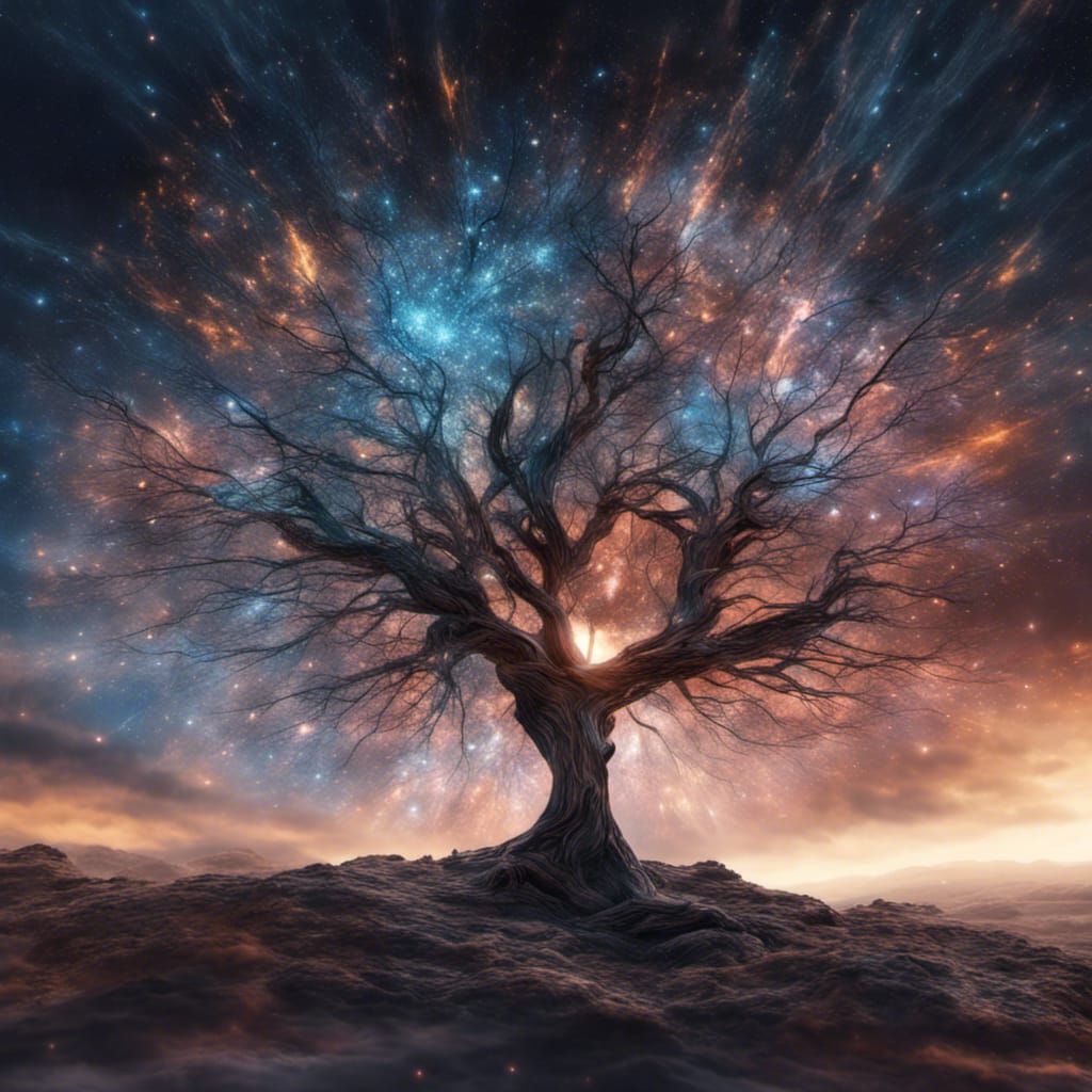 Cosmic Crystalline Tree in Starry Night Sky