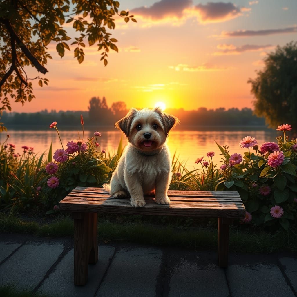 Regal Dog Surrounded by Lush Greenery and Vibrant Flowers