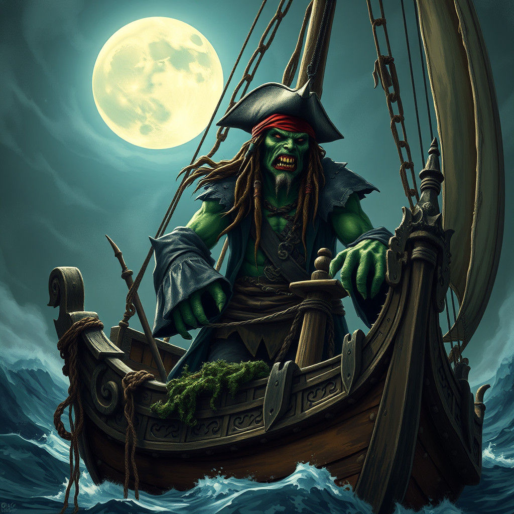 Monster Pirate on Ship in Gothic Illustration Style