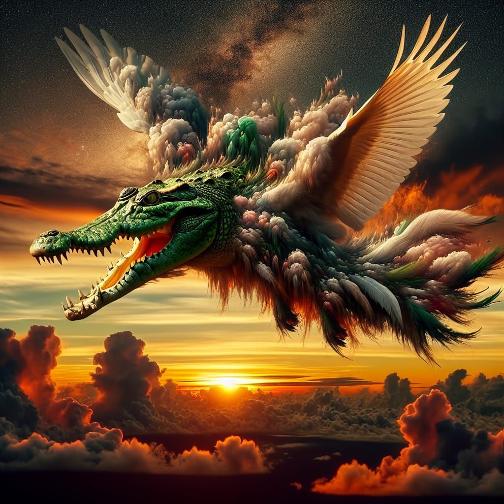 Mystical Crocodile-Duck Creature Soaring at Sunset