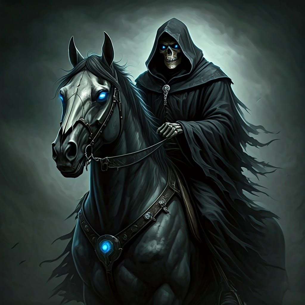 Grim Reaper on Skeletal Steed in Gothic Art Style