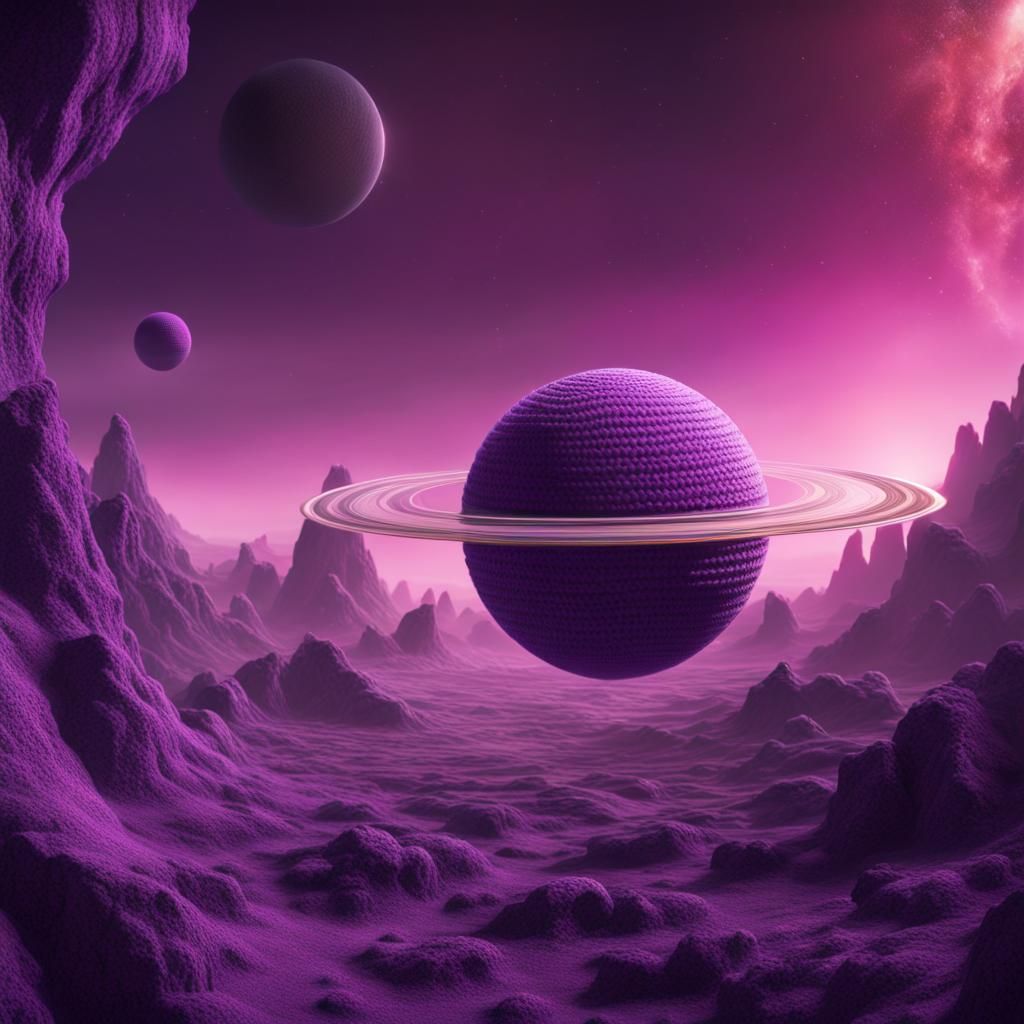 Crocheted Purple Saturn Planet: Detailed Fantasy Art