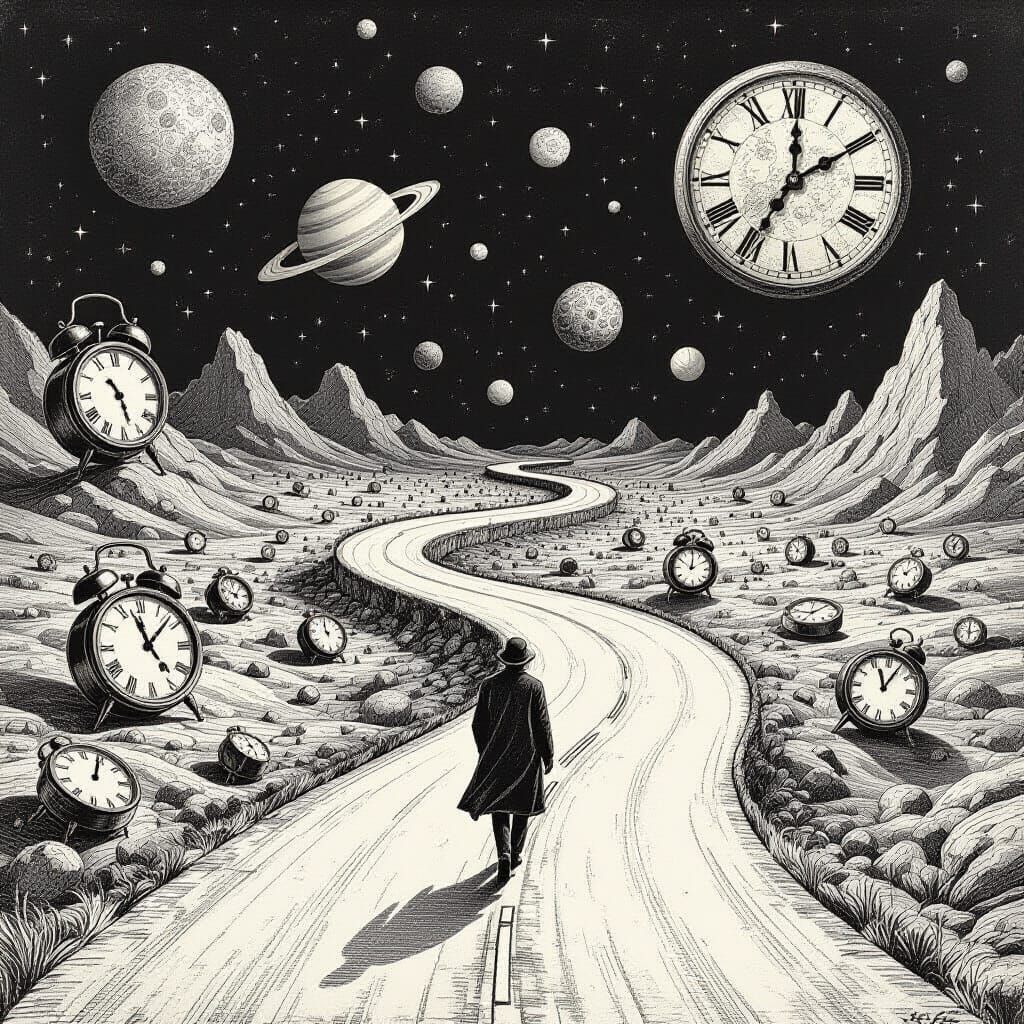 Detailed Vintage Engraving of Figure on Surreal Road with Cl...