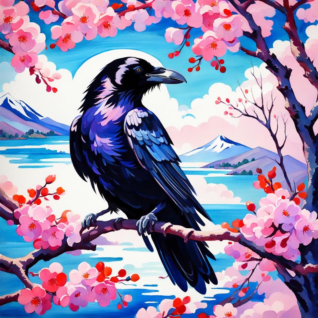 Raven in Cherry Blossoms: Gouache Impressionist Art
