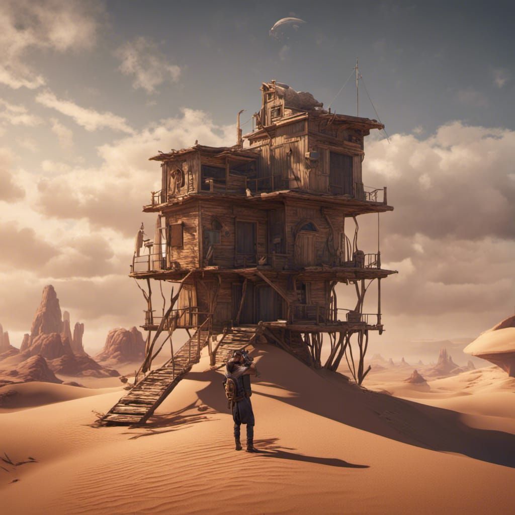 Desert Cabin With Man: Detailed Matte Painting
