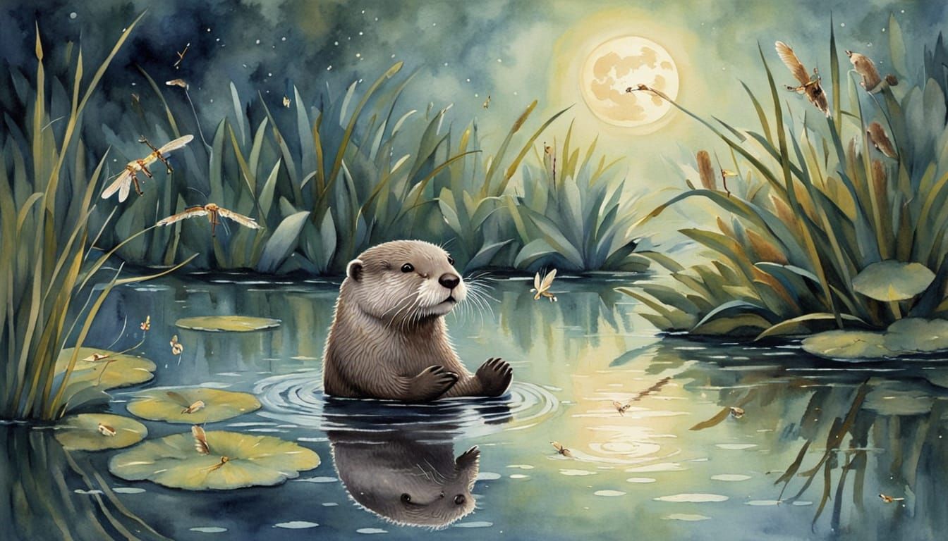 Otter Conducts Water Symphony for Dragonflies in Moonlit Pon...
