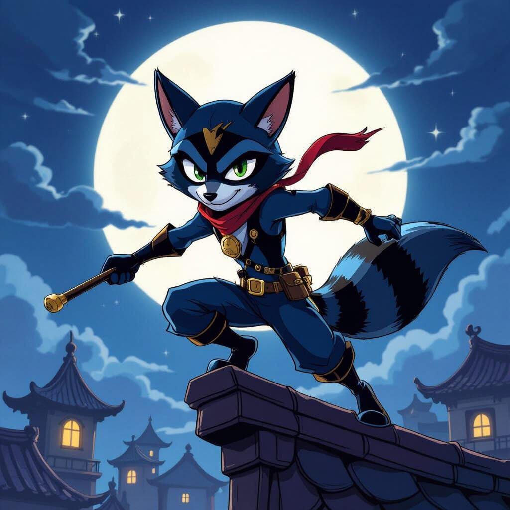 Sly Cooper Leaping Over Rooftops in 90s Anime Style