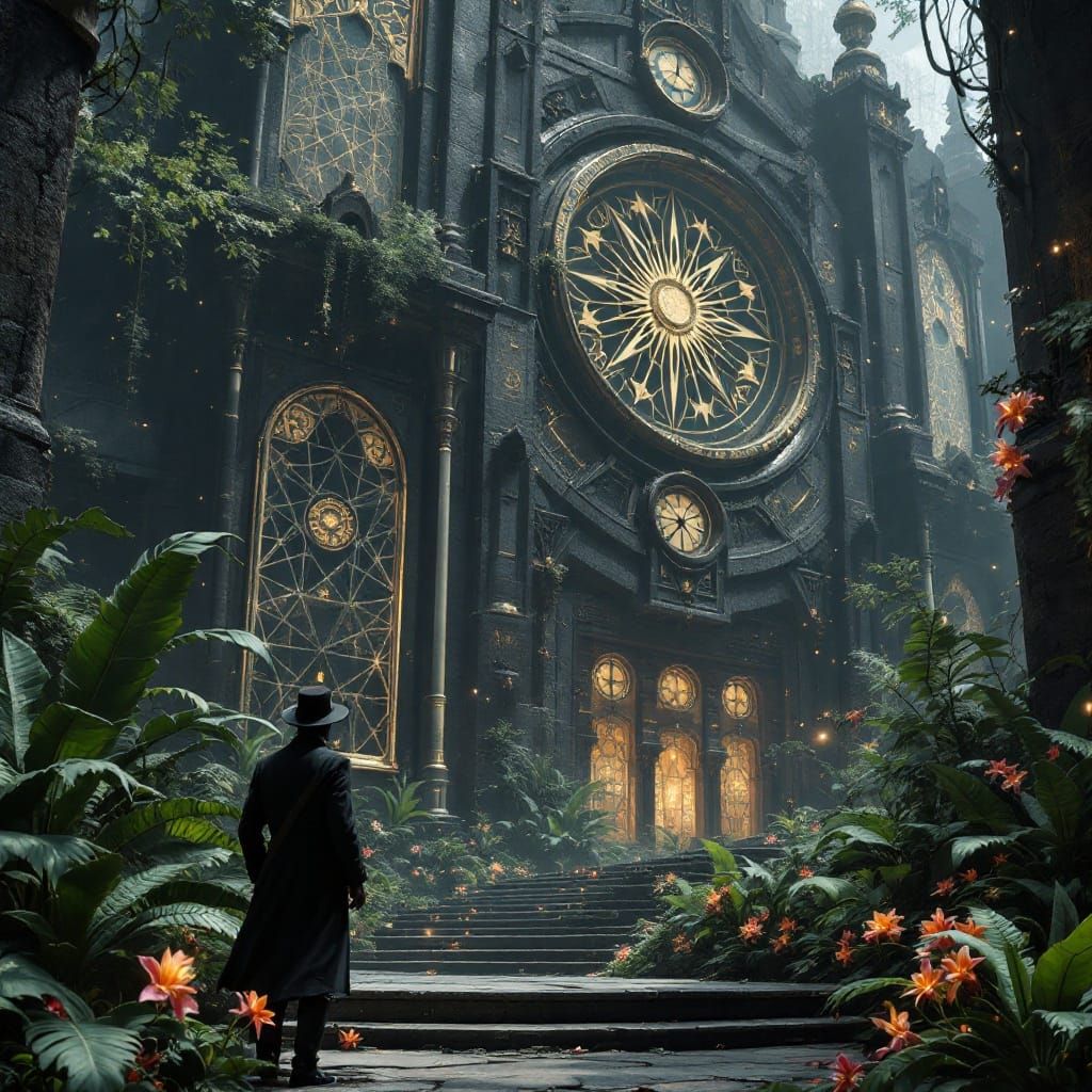 Traveler Explores Ruins with Strange Clocks, Sci-Fi Style