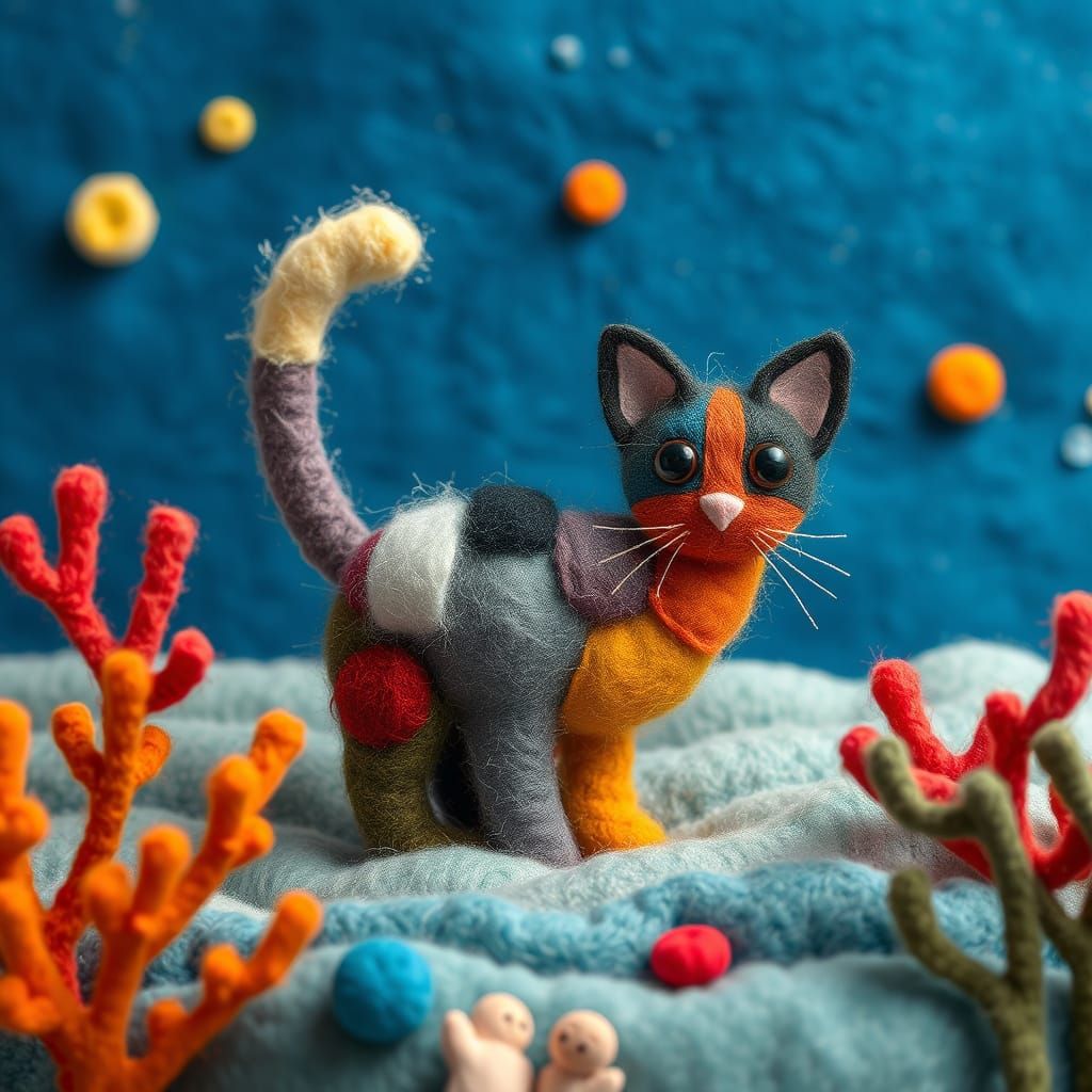 Colorful Felt Cat Adrift on Felt Ocean