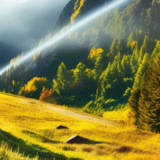 Misty Mountain Landscape with Golden Sunshine