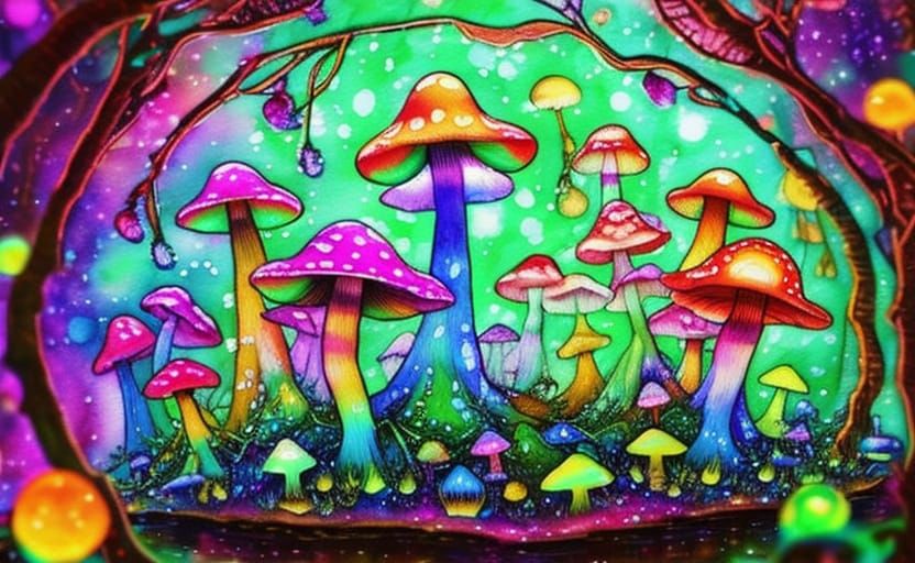Watercolor Magic Mushrooms in a Dreamy Forest Scene