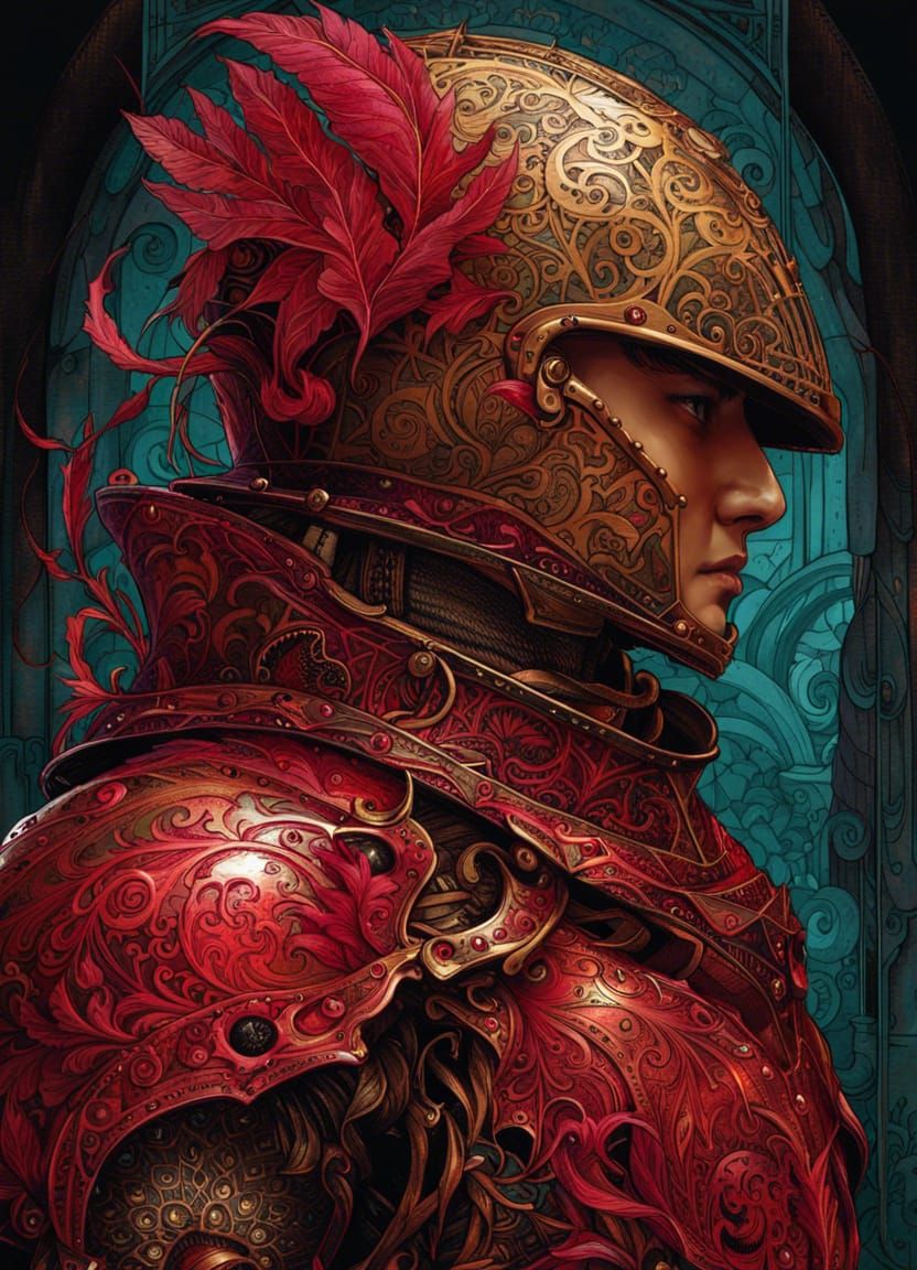 Clockwork Knight in Ruby Armor Digital Painting