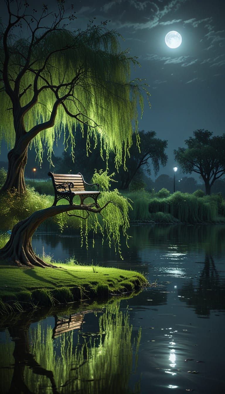 Tranquil Garden Island Under Moonlight