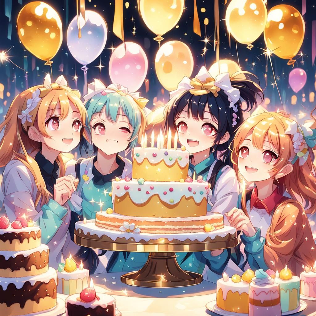 Vibrant Anime Girls Celebrate with Cake