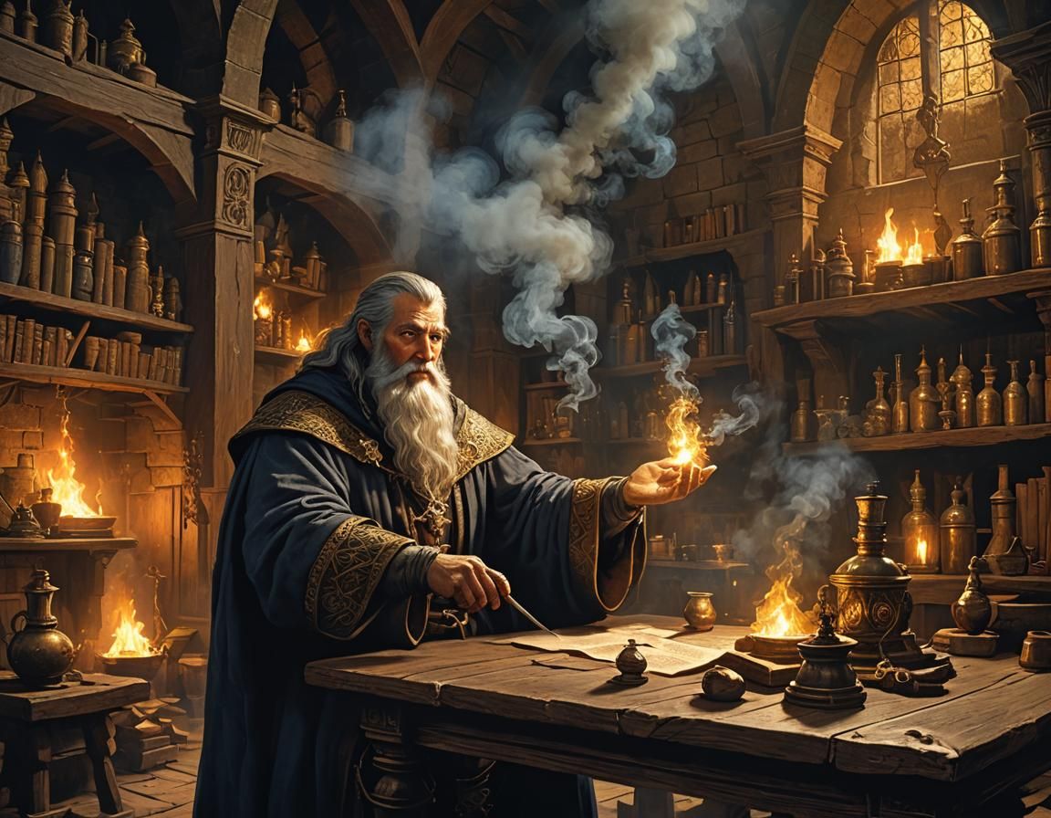Medieval Alchemist Studies Philosopher's Stone