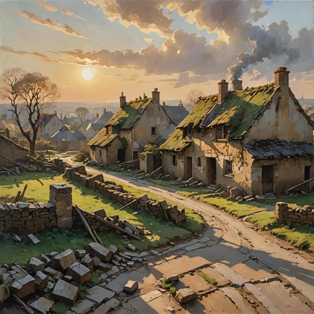 War-Torn Village in 1400s England: Impressionistic Style