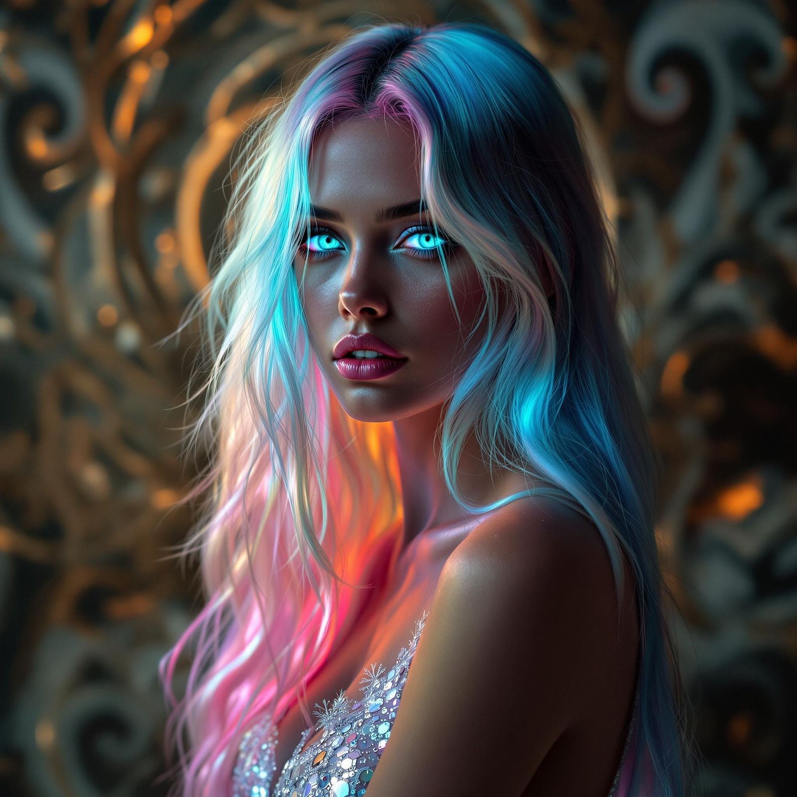 Glowing Goddess in Neon Hues Portrait