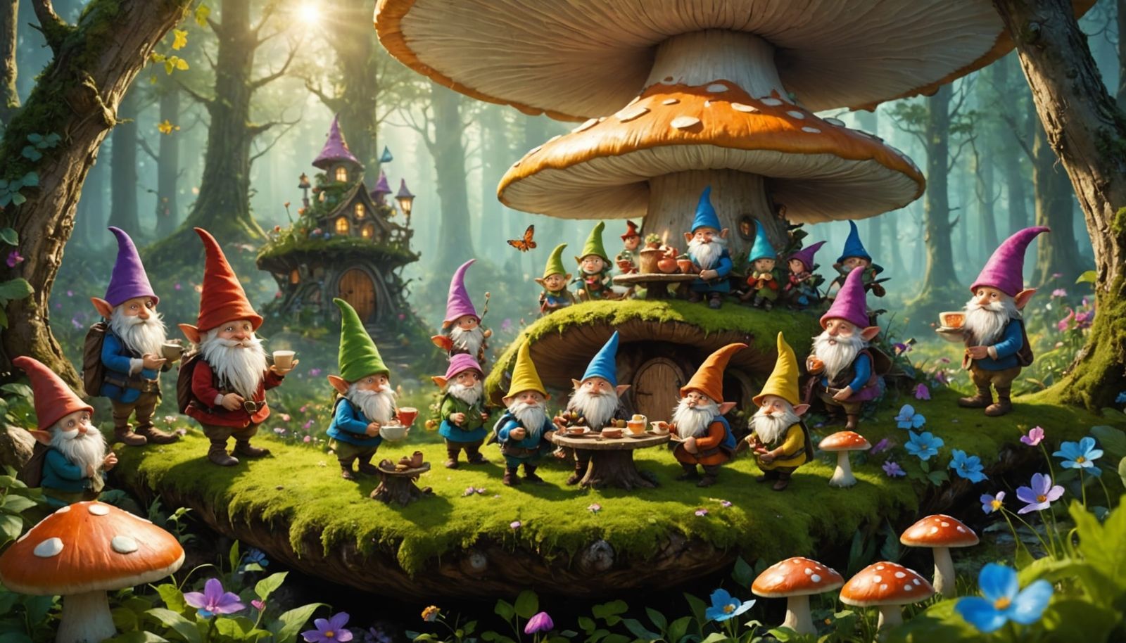 Whimsical Fantasy Movie Poster: Gnomes & Fairies Tea Party