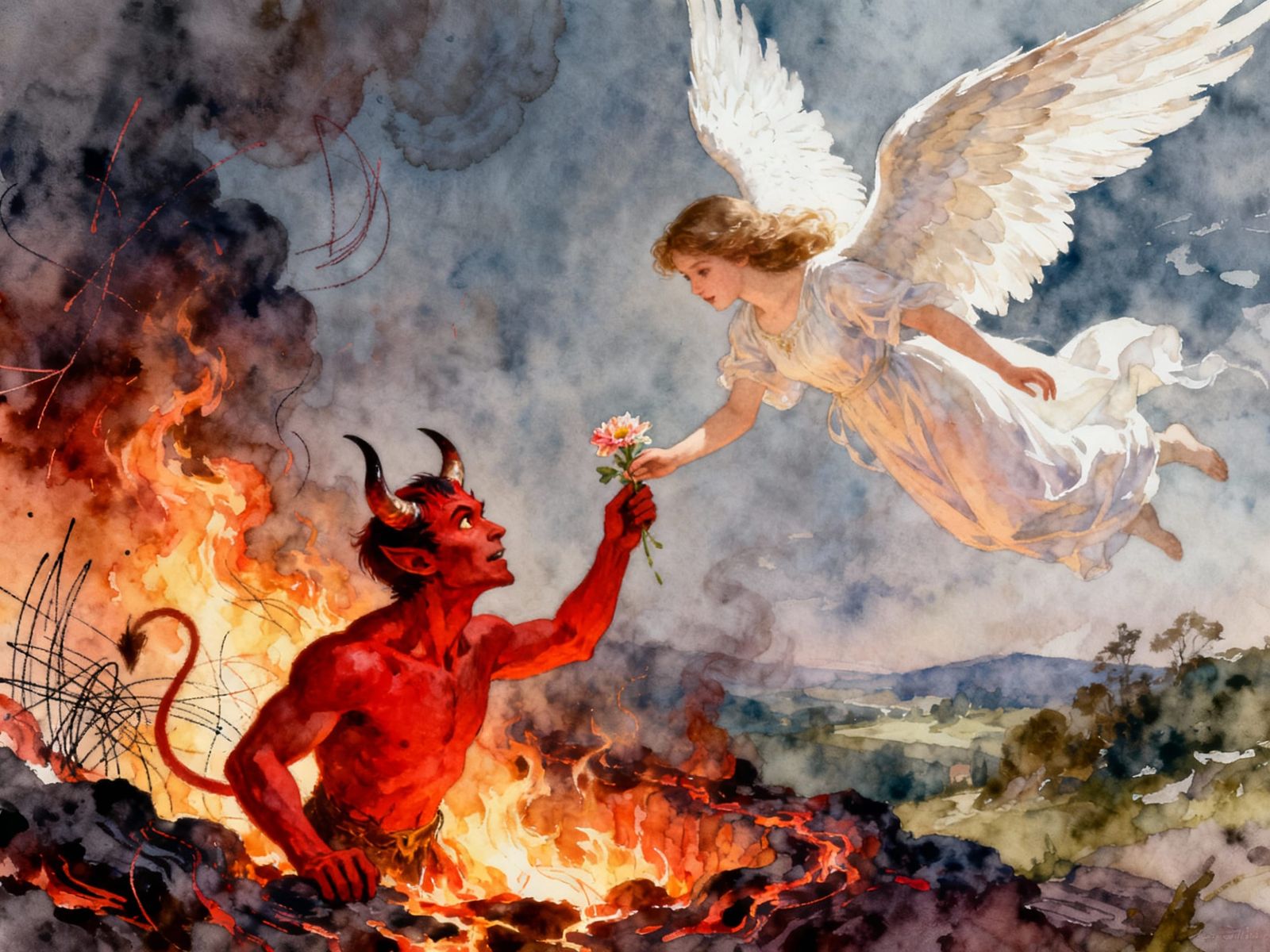 Angel Offers Flower to Curious Devil in Fiery Landscape