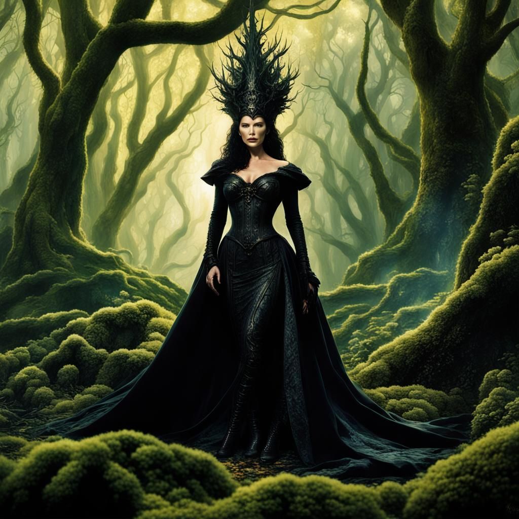 Catherine Zeta-Jones in a beautiful dark witch costume standing in front of a vast moss forest setting, HD, backlight, K...