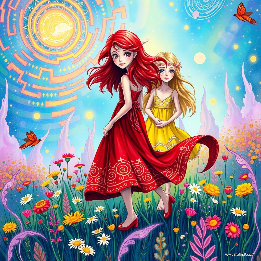 Cosmic Goddesses amidst Vibrant Wildflowers in a Swirling Me...