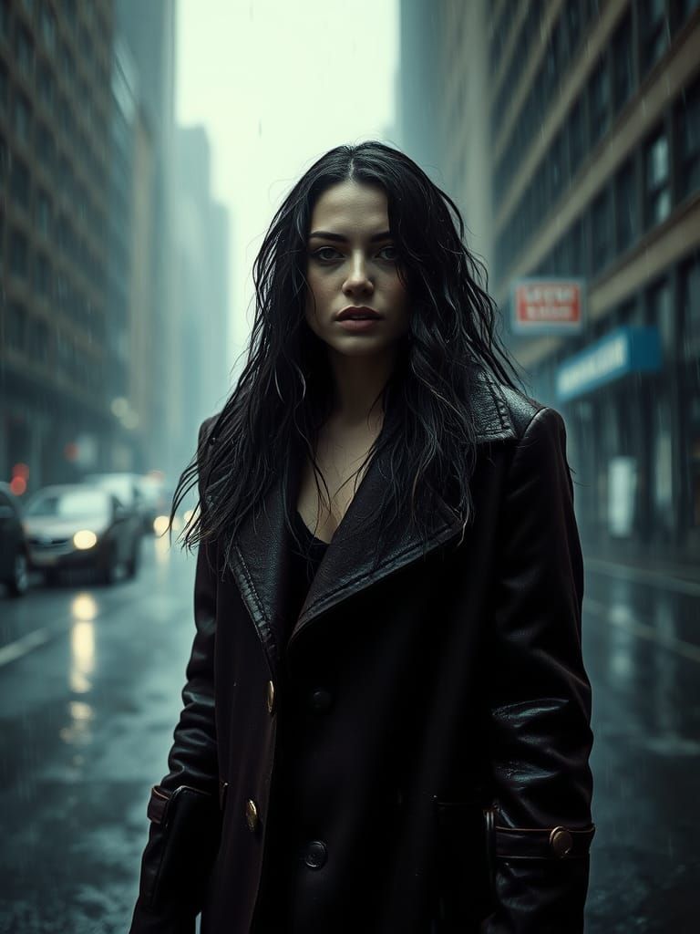 Moody Woman in Rainy Cityscape