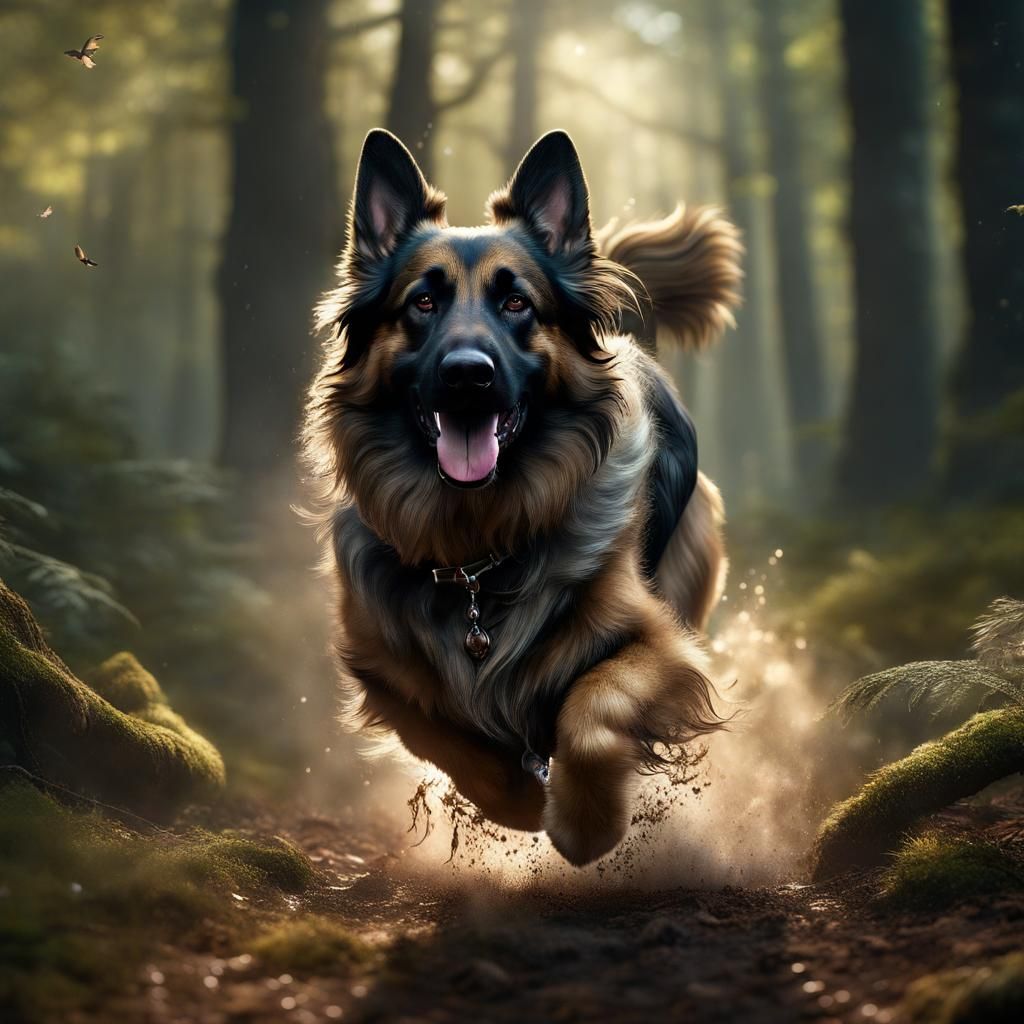 German Shepherd with Fairies in Forest, Detailed Matte Paint...
