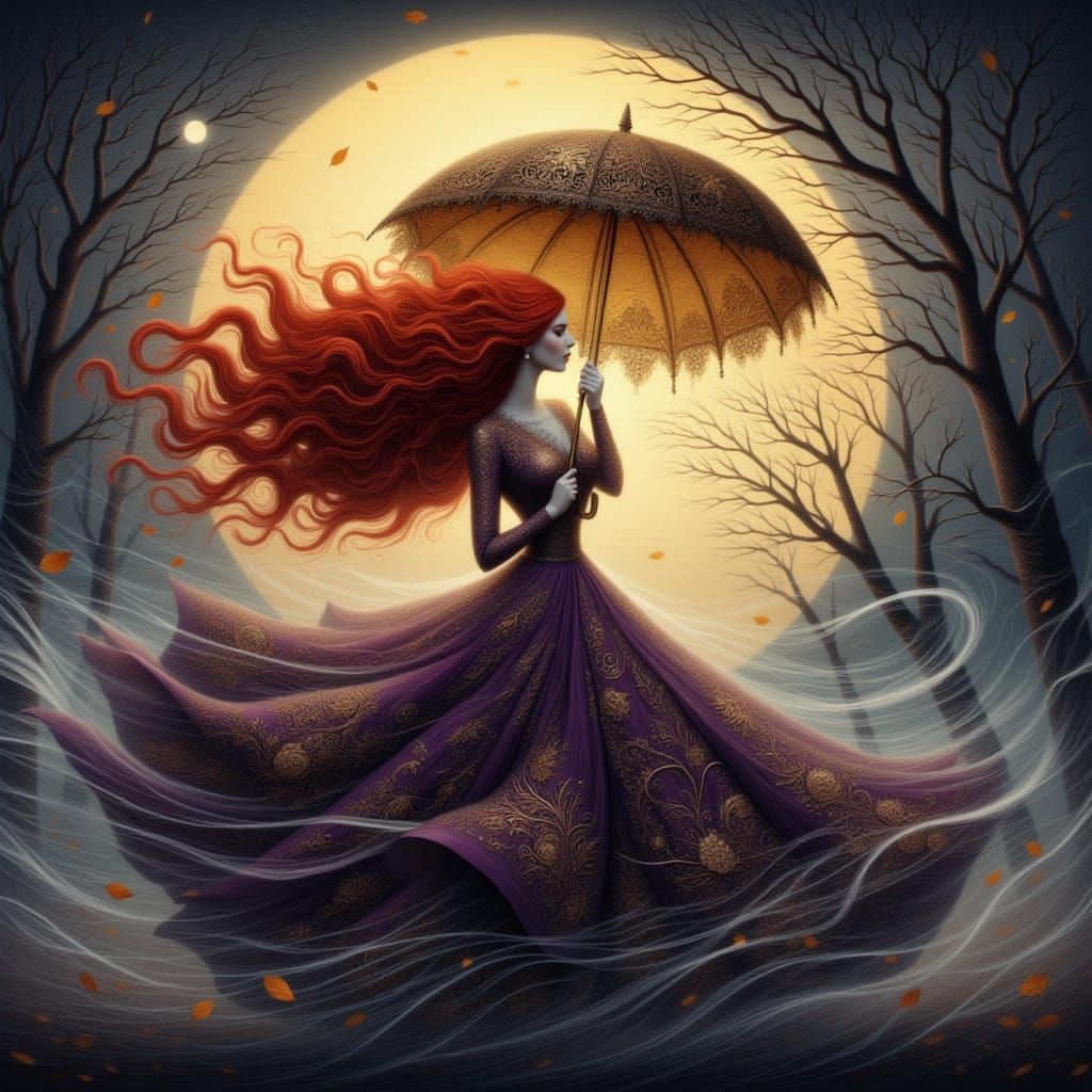 Windswept Woman in Forest: Storybook Painting