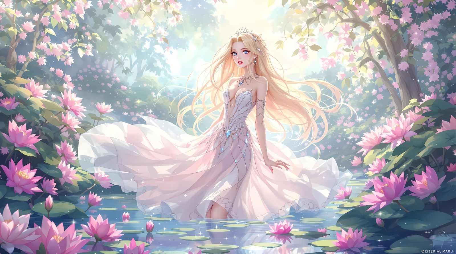 Anime-Style Fantasy Garden Scene with a Woman in a Sparkling...