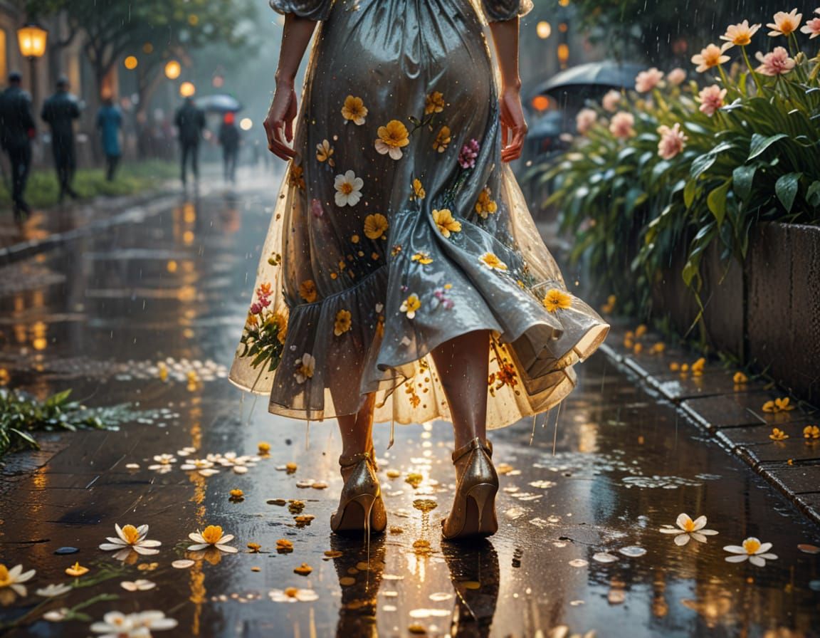 Woman in Rain with Flowers: An Oil Painting