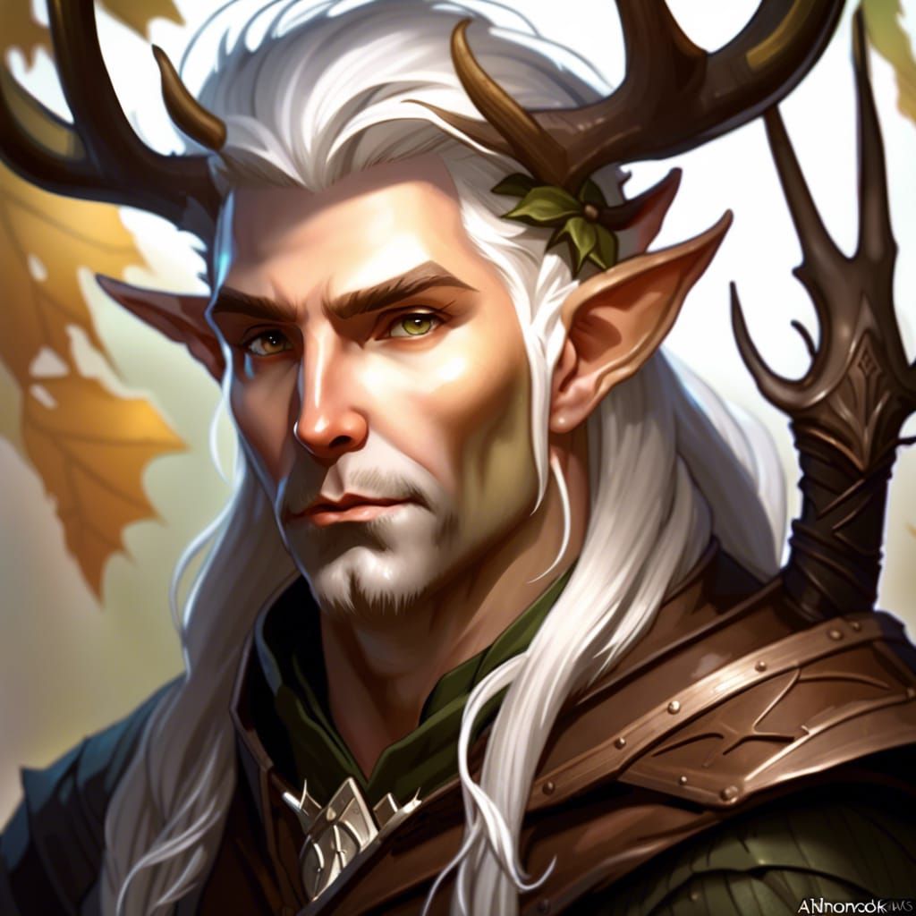 Elf Hunter Portrait with Deer Horns and Bow