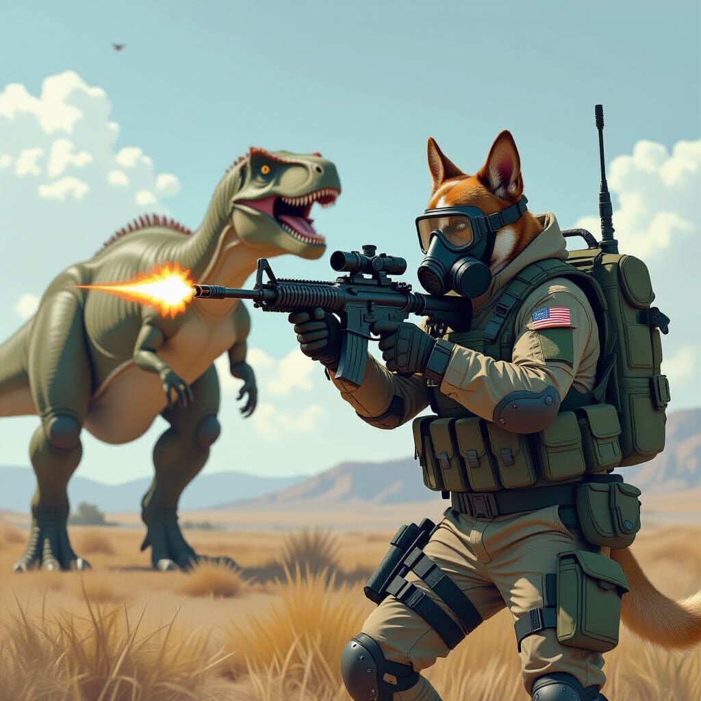 Tactical Dog Battles Dinosaur in Futuristic Realism Style