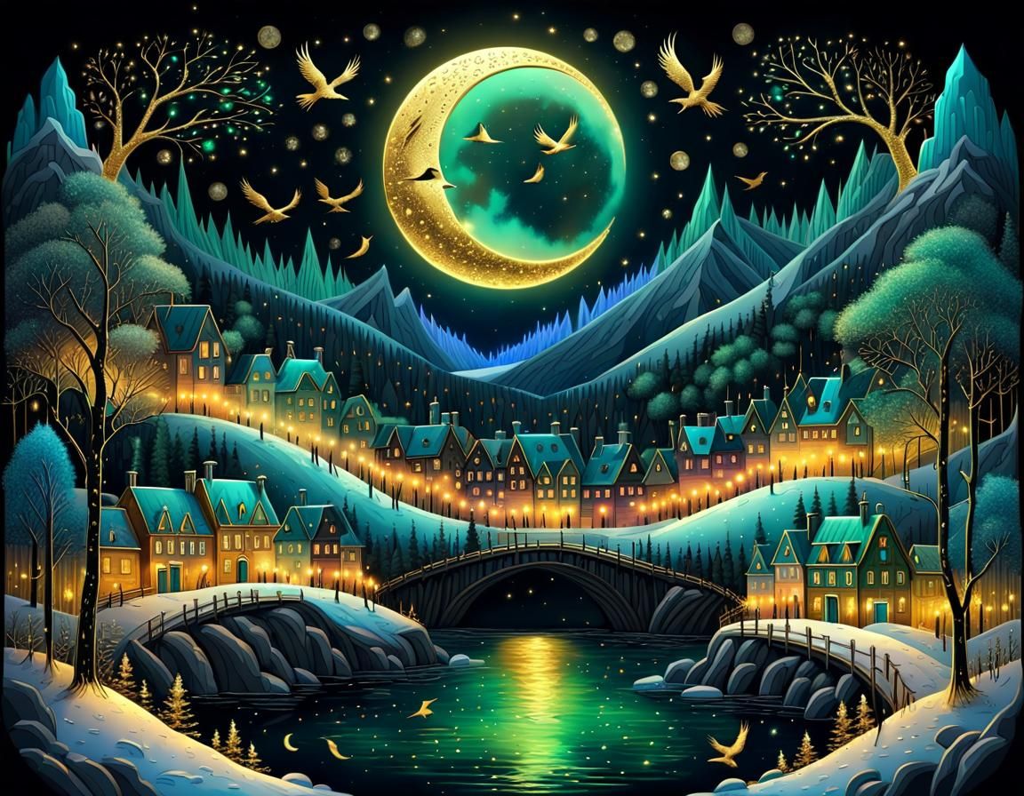 Crystal Moon Over Forest in Palekh Style