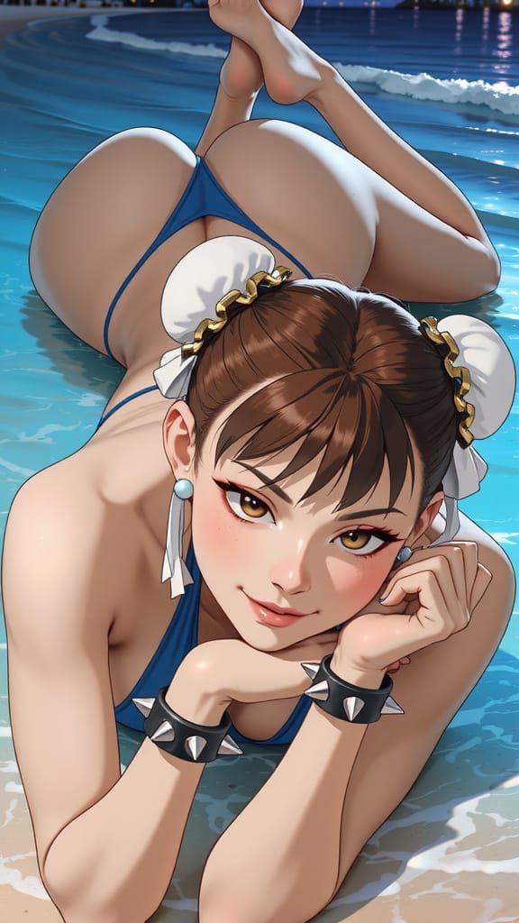 Chun-Li Relaxing on a Night Beach in Anime Style