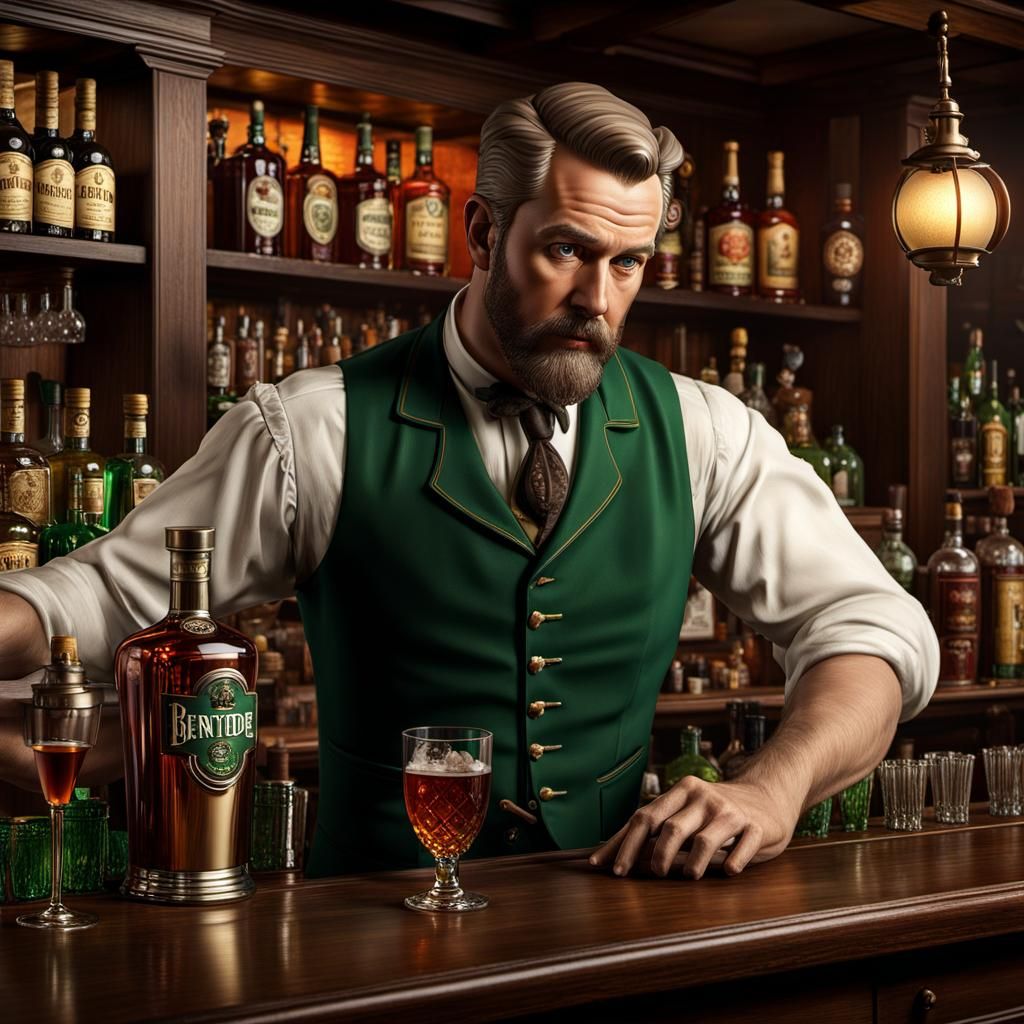 Irish bartender behind bar pouring drinks, 1890’s Irish tavern, bar top, back wall full of liquor bottles, 1900s photogr...