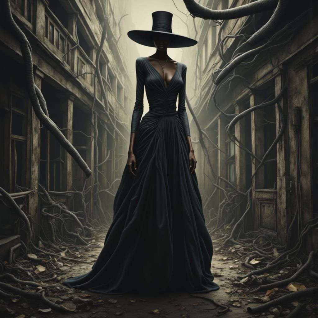 Dark Victorian Woman in Surreal Biomechanical Landscape