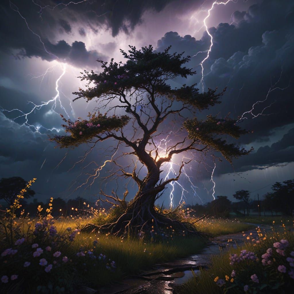 Dramatic Lightning Bolt Strikes Small Flowering Tree in Chao...
