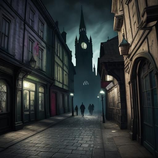 Photorealistic Dark Gothic Cityscape with Shadows
