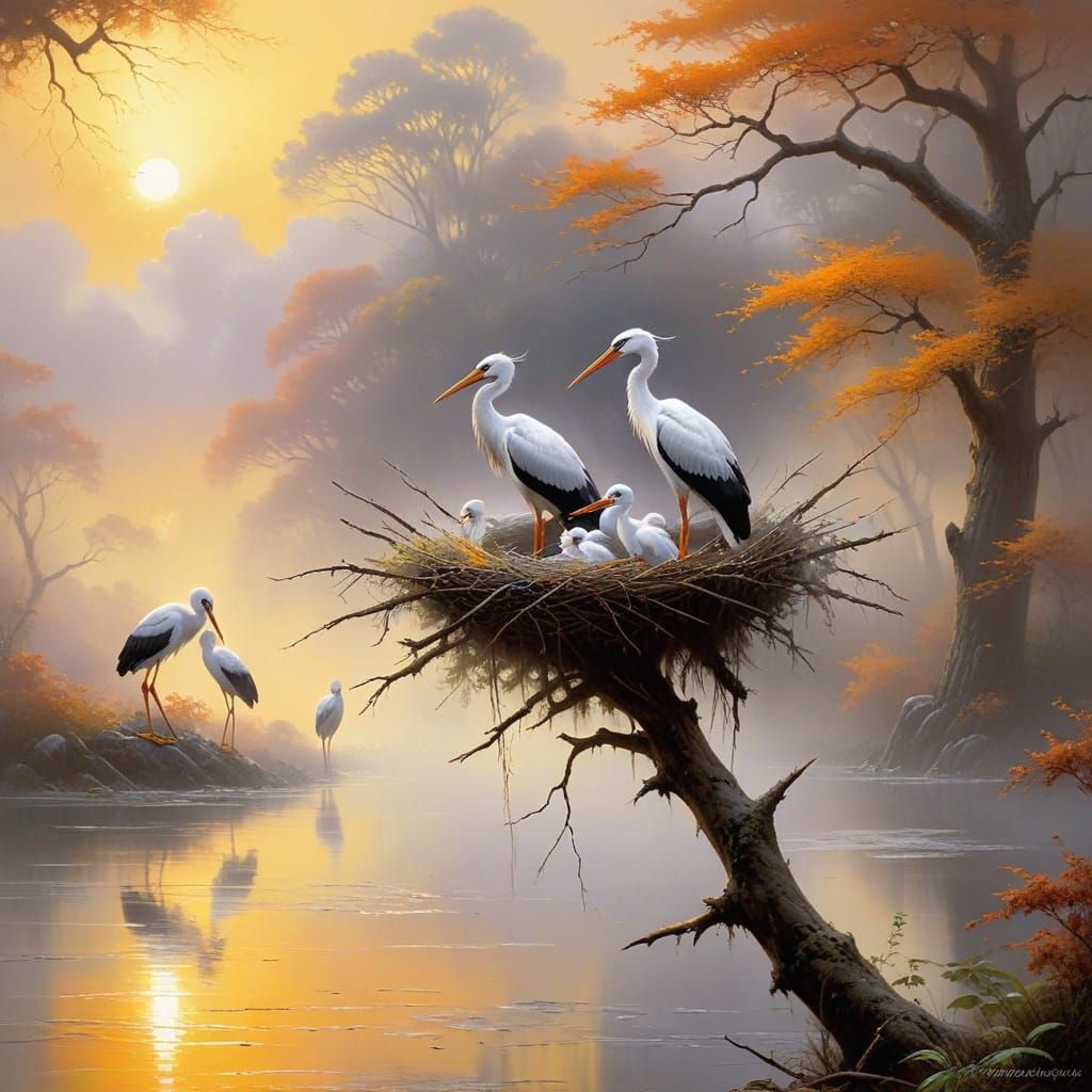 Stork Family in Vibrant Misty Nest